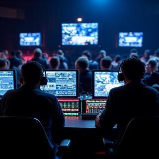Equipe técnica operando transmissão ao vivo